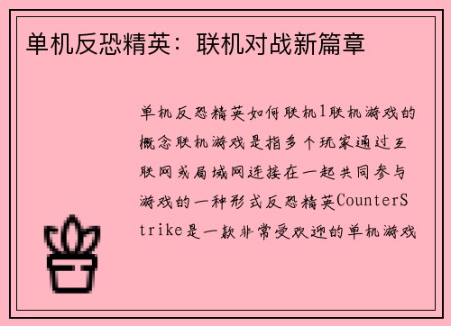 单机反恐精英：联机对战新篇章